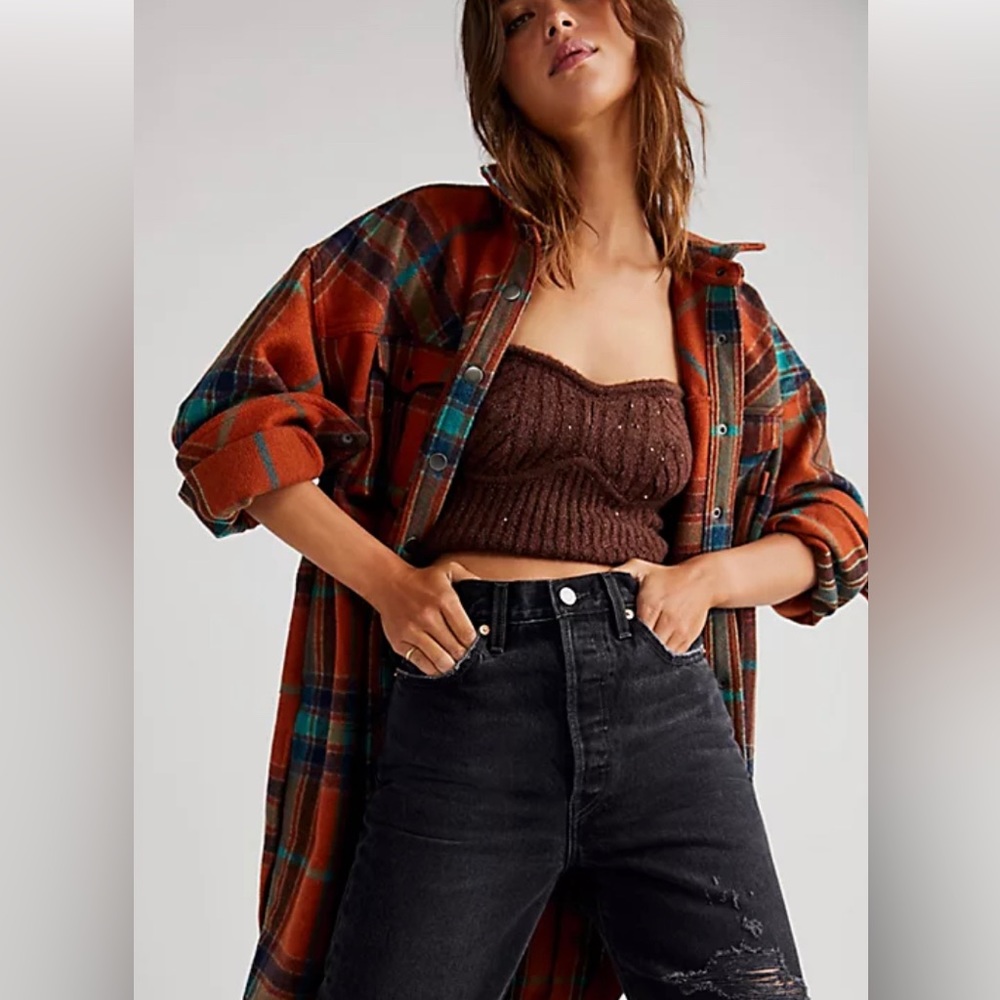 Free People NWT LARGE We The Free Cabin Cozy Maxi Top Plaid Flannel Button Front
